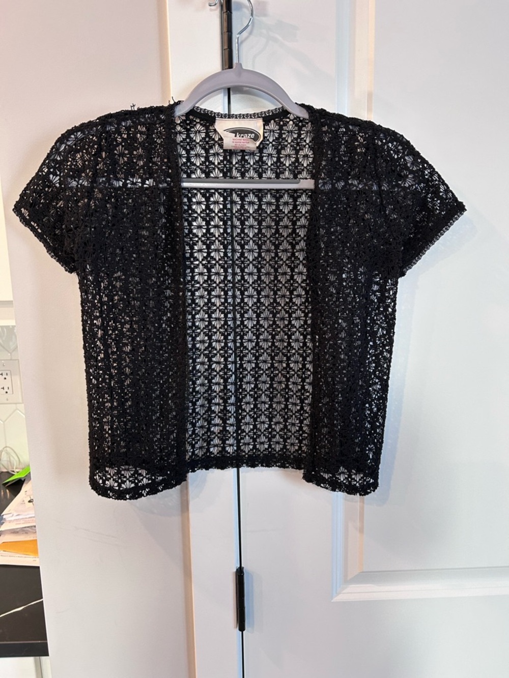 Jr Kraze Black Crochet Open Front Cardigan Short Sleeve Boho Sheer Layering Top